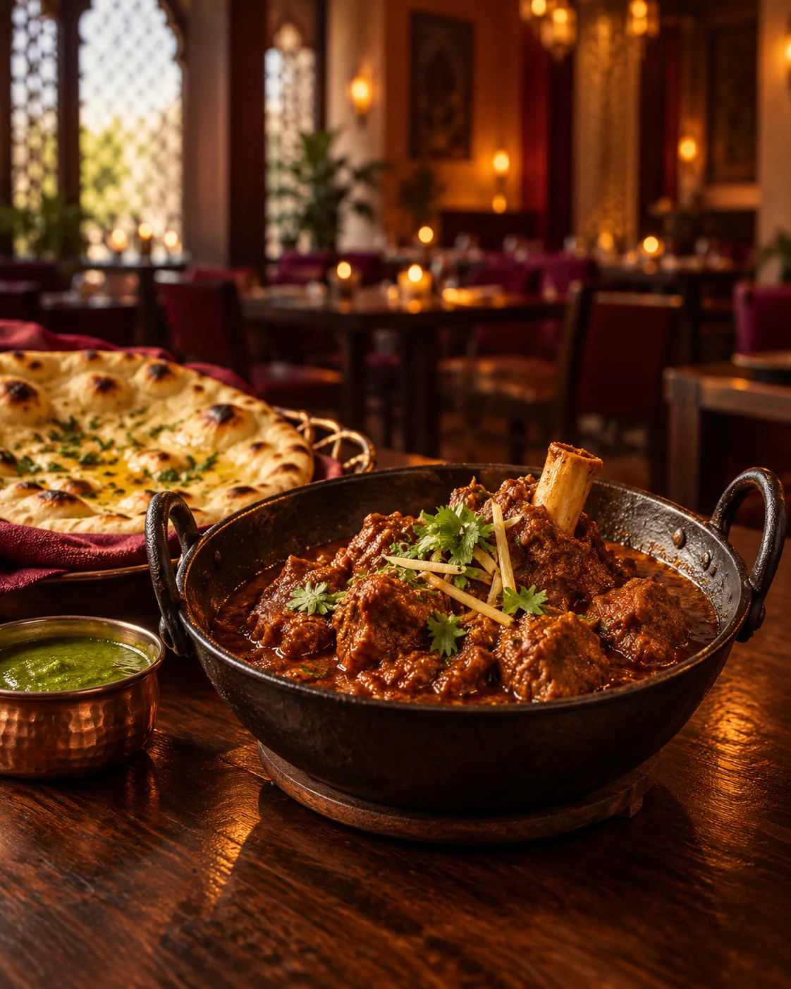Yum Yum Chapad Chapad mutton curry in a kadai with butter naan in the warm restaurant